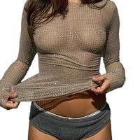 Sheer Mesh Long Sleeve Top – Nude Transparent Slim Fit